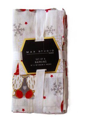 Max Studio Home Christmas Holiday Set/6 Napkins Gnomes Snowflakes Cotton NWT